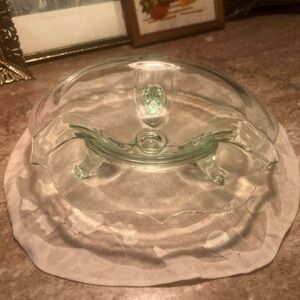 Depression era, art deco, green glass, (possibly uranium) 3 leg console dish